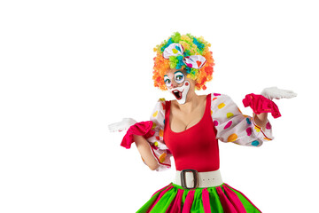 Confused female clown shrugging shoulders in bewilderment, doubting and feeling uncertain, don't know the answer. Woman entertainer as Joker in a suit and wig, with clown whiteface makeup