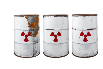 White or gray dirty barrel with radioactive waste. Nuclear warning sign. Rusty dangerous barrel with radionuclide, hazardous toxins on isolated background