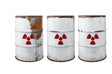 White or gray dirty barrel with radioactive waste. Nuclear warning sign. Rusty dangerous barrel with radionuclide, hazardous toxins on isolated background