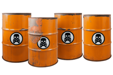 Barrel with toxic waste. Biohazard warning sign human skull with crossed bones. Hazardous products death or poisoning. Rusty dangerous barrel with pathogens agent, toxins on isolated background
