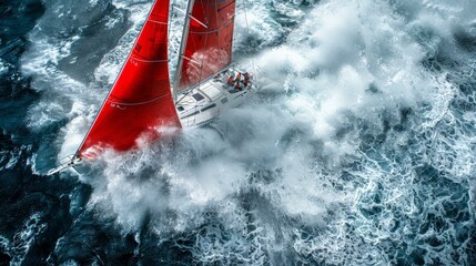 A red sailboat with a red sail is sailing through the ocean, creating a splash as it moves. The boat is surrounded by white foam and waves.