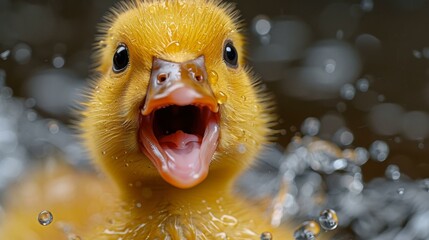 A baby duck with its mouth open, looking at the camera.