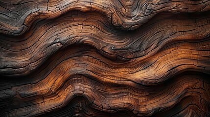 Fototapeta premium Abstract close-up of a natural wood texture with intricate wavy patterns and rich brown tones, ideal for backgrounds and design projects.