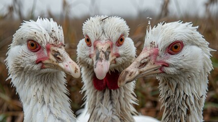 Three birds with red beaks and dirty feathers standing next to each other.