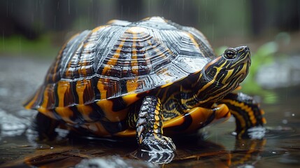 Obraz premium The turtle is sitting on a wet surface and looking at the camera.
