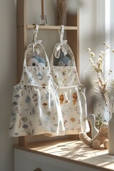 Charming Infant Aprons in Pastel Floral and Whimsical Designs,Nostalgic Vintage Aesthetic in Cozy Domestic Setting