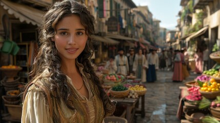 Obraz premium A woman with long brown hair in a gold dress standing in a marketplace with other people around her.
