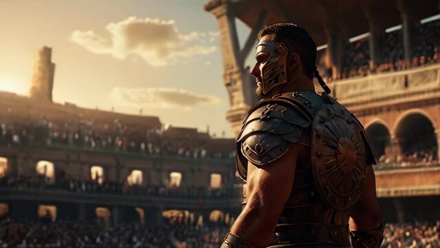 Gladiator Standing in the Colosseum at Sunset