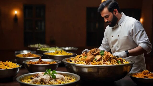 Chef Arranging Plates of Biryani in a Restaurant Kitchen