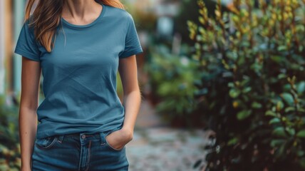 A woman model wearing a blank teal t-shirt for a banner