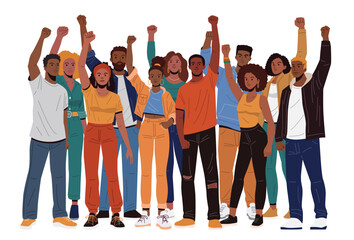 African American people stand together, each raising a clenched fist in the air, representing unity and solidarity. (Flat design illustration)