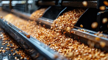 Corn is being processed on a conveyor belt, with the corn being shaved off and falling into a bin. The conveyor belt is made of metal and is filled with corn.