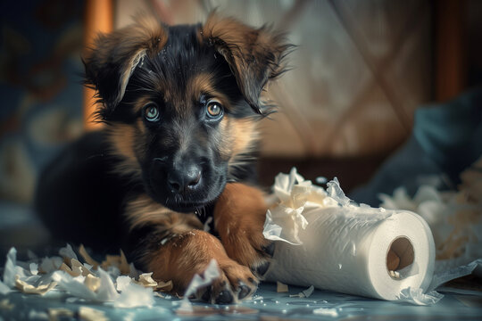 An adorable German shepherd puppy chewing paper.