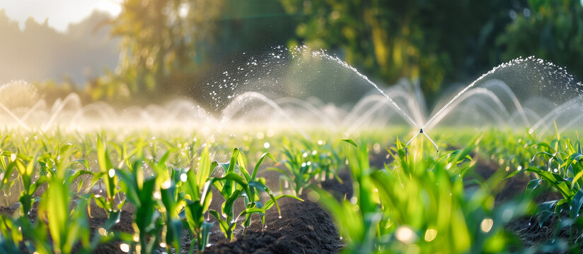summer corn field with water irrigation system and watering plants