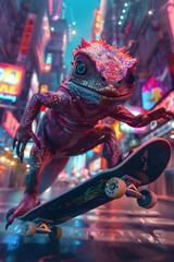 Monstrous creature gliding effortlessly on a customized skateboard through a hyper-stylized futuristic cityscape