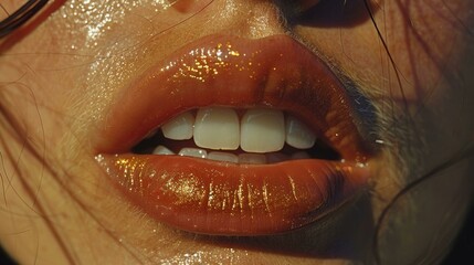 Obraz premium A woman with orange lipstick on her lips, smiling for the camera.