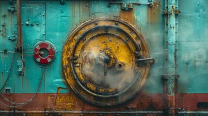 A rusty yellow machine with a red circle on the side. The machine has a yellow and green color scheme.