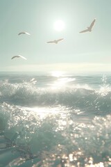 Obraz premium Serene Ocean Landscape with Soaring Seabirds,Tranquil Waves,and Glimmering Sunlight