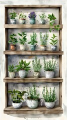 Rustic Wooden Shelves Displaying Handcrafted Watercolor Herb Labels and Botanical