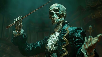 Skeletal Conductor Wielding Gilded Baton Commanding Ghostly Orchestra in Dark Baroque Atmosphere