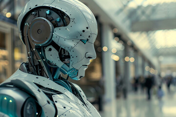 Fototapeta premium Generative AI creative picture Robot cyborg in activities of daily life routine living together with people