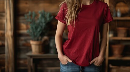 Woman model wearing a red t-shirt with a blank space for text