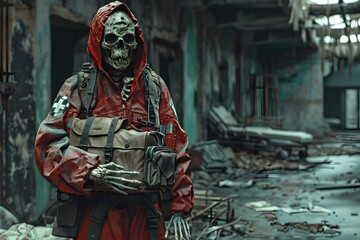 Undead Paramedic Clutching First Aid Kit Amid Abandoned Hospital Chaos in Dark,Eerie Cinematic Scene