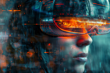 Person in vr virtual reality goggles visiting metaverse gaming world tech addicted, Generative AI