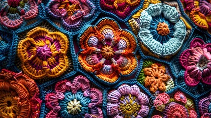 Vibrant Crochet Geometric Patterns and Floral Motifs in Soft Textured Yarn Craft Design