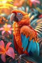 Obraz premium Vibrant Tropical Parrot Surrounded by Exotic Florals in Sunny Setting