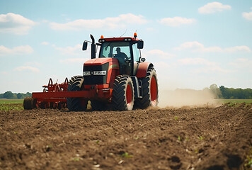 Fototapeta premium Tractor plowing a field on a sunny day