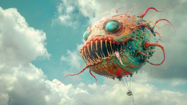 Whimsical Floating Monster Balloon with Sharp Teeth and Tentacular Appendages,Surrealist Digital Painting
