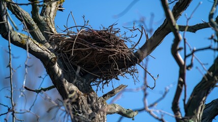 An abandoned nest sways high in a tree, symbolizing its builder's absence and life's transient nature.