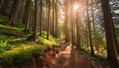 Obraz premium A serene forest trail bathed in the soft, golden light of the sun. Tall trees with lush green foliage line the path, casting long shadows across the trail. 