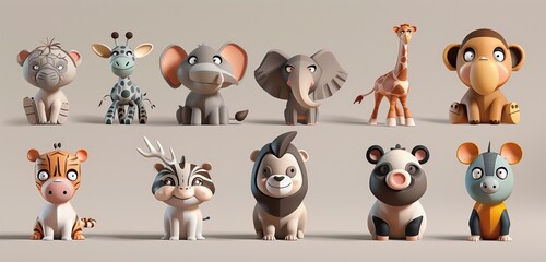 Colorful set of 3D cartoon animal characters in cutout style, with detailed, lifelike appearances. 