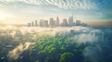 Cityscape with forest and fog Climate change and Global warning concept