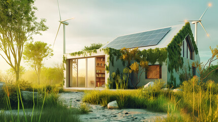 smart home. Solar-powered house, energy saving concept for getting free energy from the sun and wind turbines Eco-friendly concept