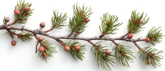 Close-up of a pine branch with green needles and brown buds on a white background. Ideal for nature, botany, and seasonal themes.