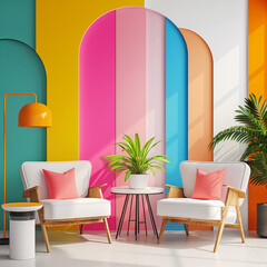 minimal Interior design multicolor vibrant retro striped background rainbow colorful wall
