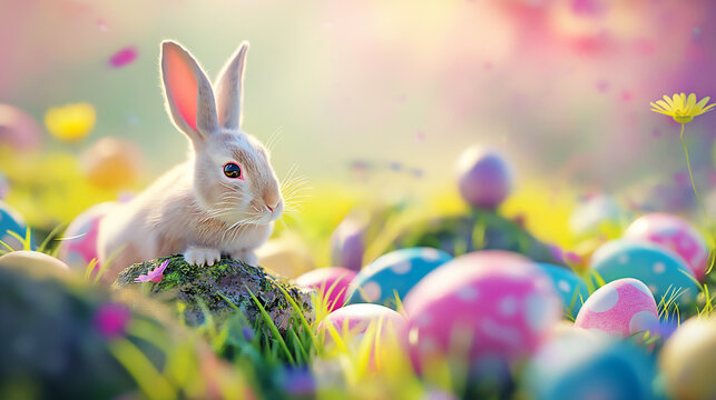 Rabbit with Fantasy colorful easter eggs in garden moning time Background Easter Festival concept
