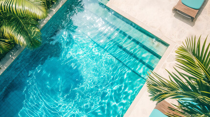 Swimming pool clear blue water in summer ,sunbed, palm tree ,Summer background concept