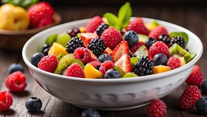 salad of fresh fruit and berries in a white bowl