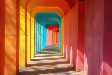 Vibrant Arched Corridor, Brightly colored arched walkway with sunlight, Architectural Beauty.