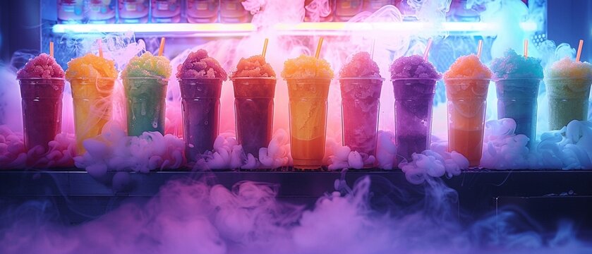 Vibrant slushie machines with colorful slushies, dramatic colorful smoke clouds, neonlit background, high detail, dynamic and lively 8K , high-resolution, ultra HD,up32K HD