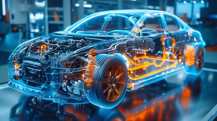 Fototapeta premium Transparent car model with a blue tint showcasing internal components in orange