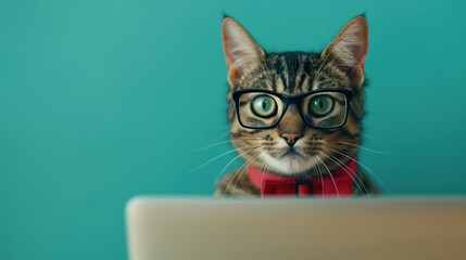 A cat wearing a bow tie and glasses, typing, studying and working on a laptop or notebook against a turquoise isolated background with room for text, copy space.