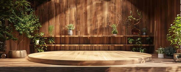 Wooden Stage with Potted Plants in Sunlit Room - Powered by Adobe