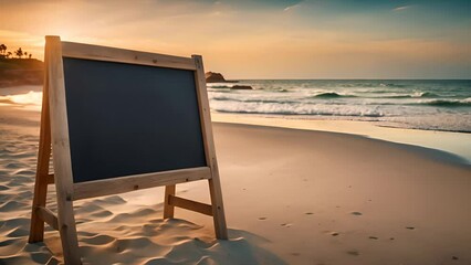 A blank chalkboard stands on a serene beach at sunset, perfect for summer vacation advertisements or beach-themed wedding invitations