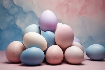 Delicate arrangement of eggs in pastel shades set against a dual-tone backdrop