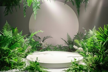 Circular platform surrounded by lush greenery with a spotlight.